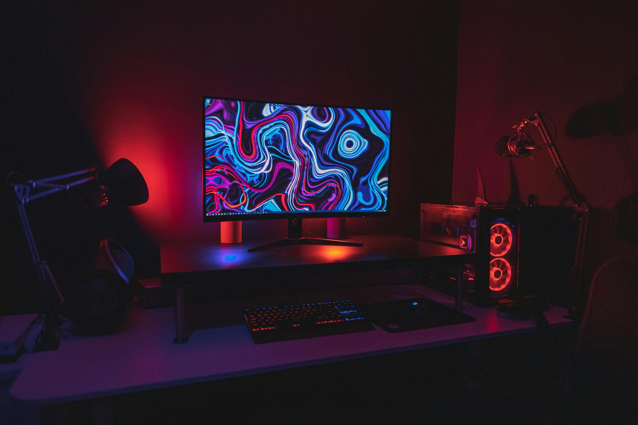Desktop computer with a blue and orange background