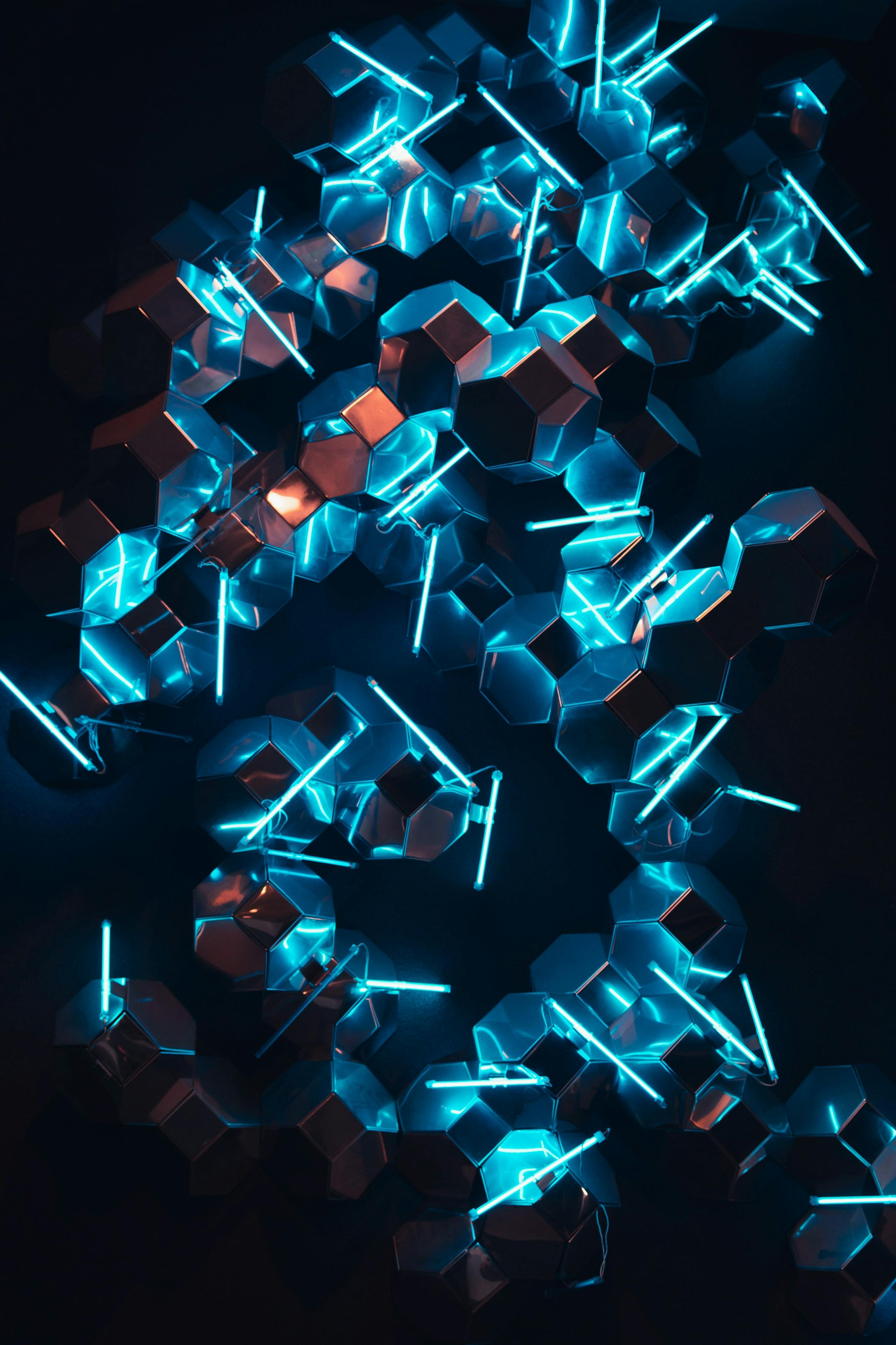 Abstract shards of glass lit in blue and orange 