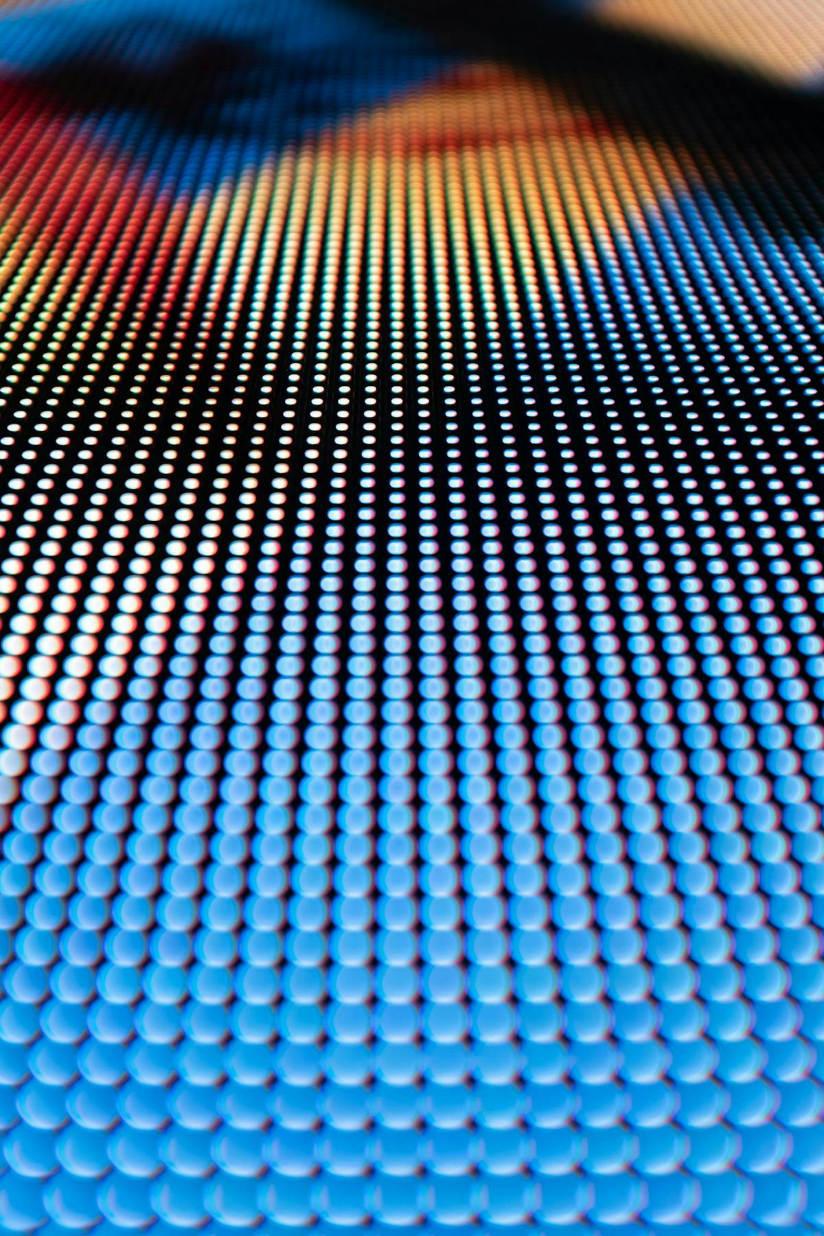 Close-up of a blue and yellow LED grid