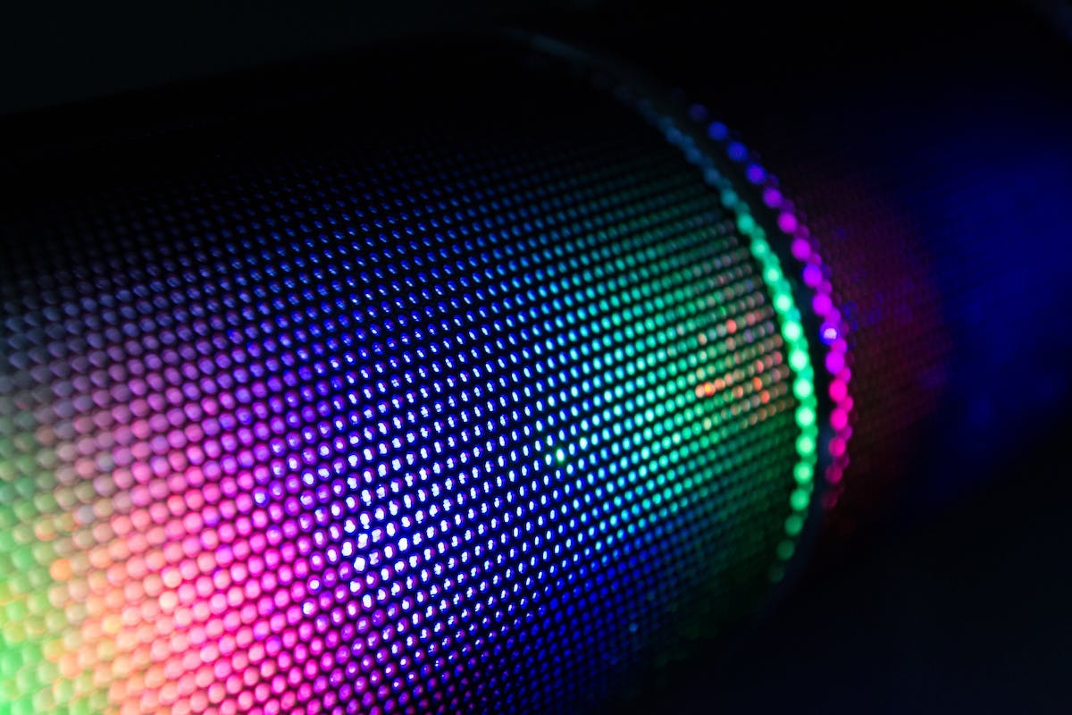 Close-up of a colorful speaker